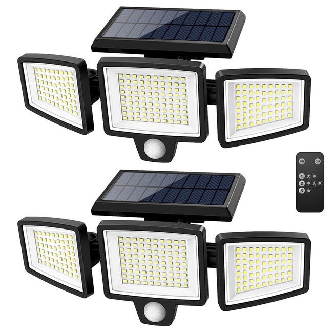 Zestaw 2 zewnętrznych lamp solarnych z 210 diodami LED, pilotem, 3-głowicowym czujnikiem ruchu, wodoodpornością IP65, 3-trybowymi lampami ściennymi