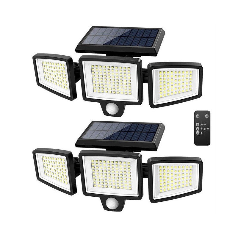 Zestaw 2 zewnętrznych lamp solarnych z 210 diodami LED, pilotem, 3-głowicowym czujnikiem ruchu, wodoodpornością IP65, 3-trybowymi lampami ściennymi
