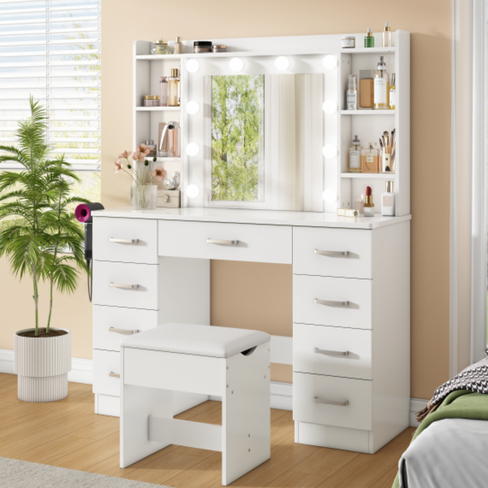 Biała toaletka 110×40×145 cm z lustrem LED z 10 światłami, portem USB, stołkiem i uchwytem na suszarkę do włosów