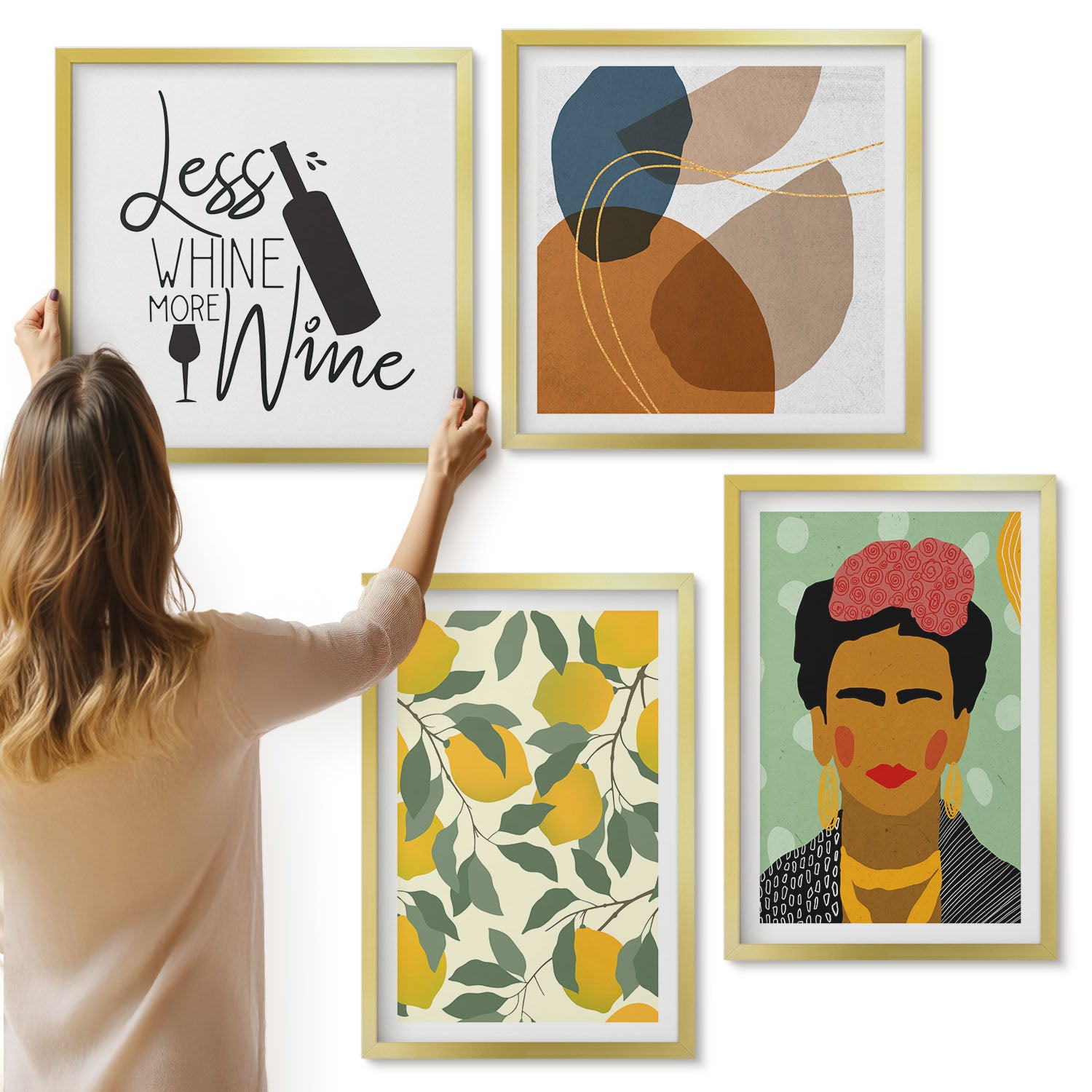 Galeria ścienna 4-częściowy komplet obrazów w złotych ramach - Cytryny butelka wina portret Fridy Kahlo - ArtPrintCave