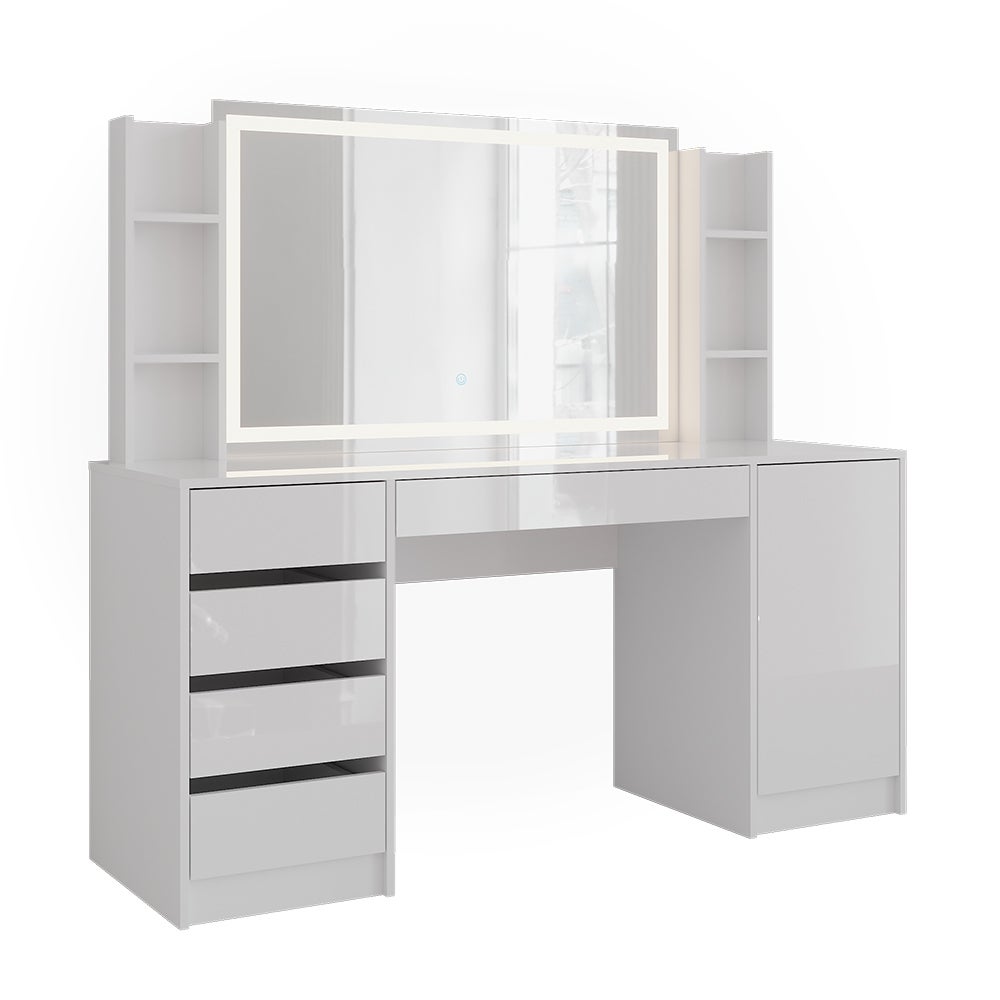 Vicco Stół toaletowy Sherry, Biały/Biały wysoki połysk, 158.2 cm z lusterkiem LED