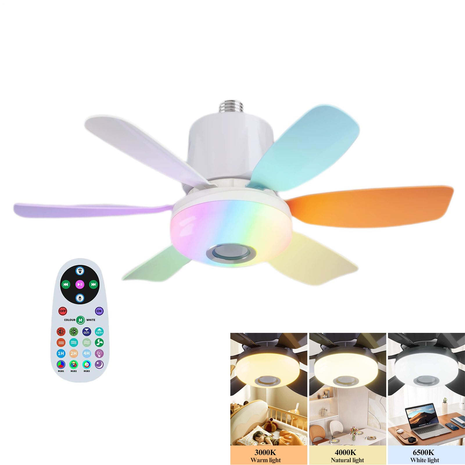 Wpuszczany wentylator sufitowy z oświetleniem i pilotem, trzy temperatury barwowe, trzy prędkości wiatru, timer, Bluetooth, 3 tryby RGB