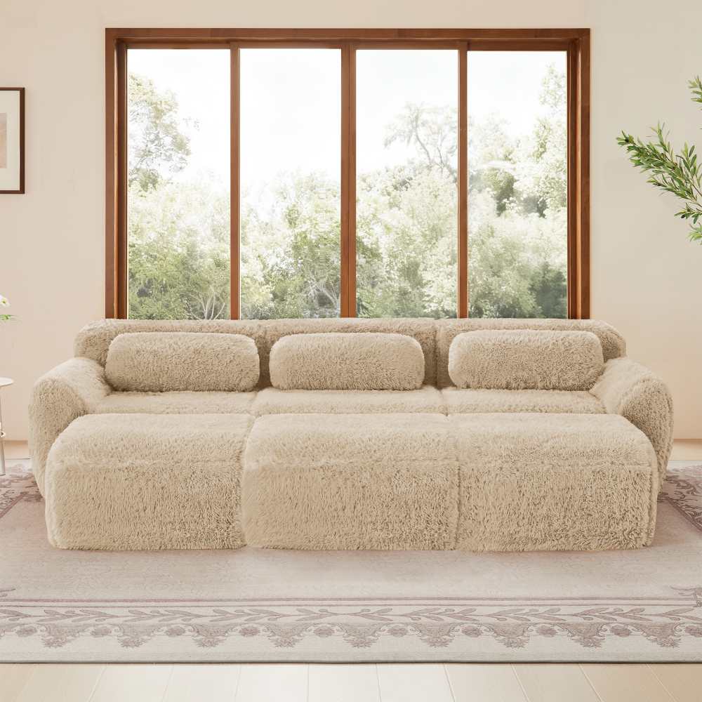 Modułowa sofa Cloud 3-osobowa bez oparcia z pufami, ultramiękka pluszowa tkanina, wygodna i przestronna do salonu