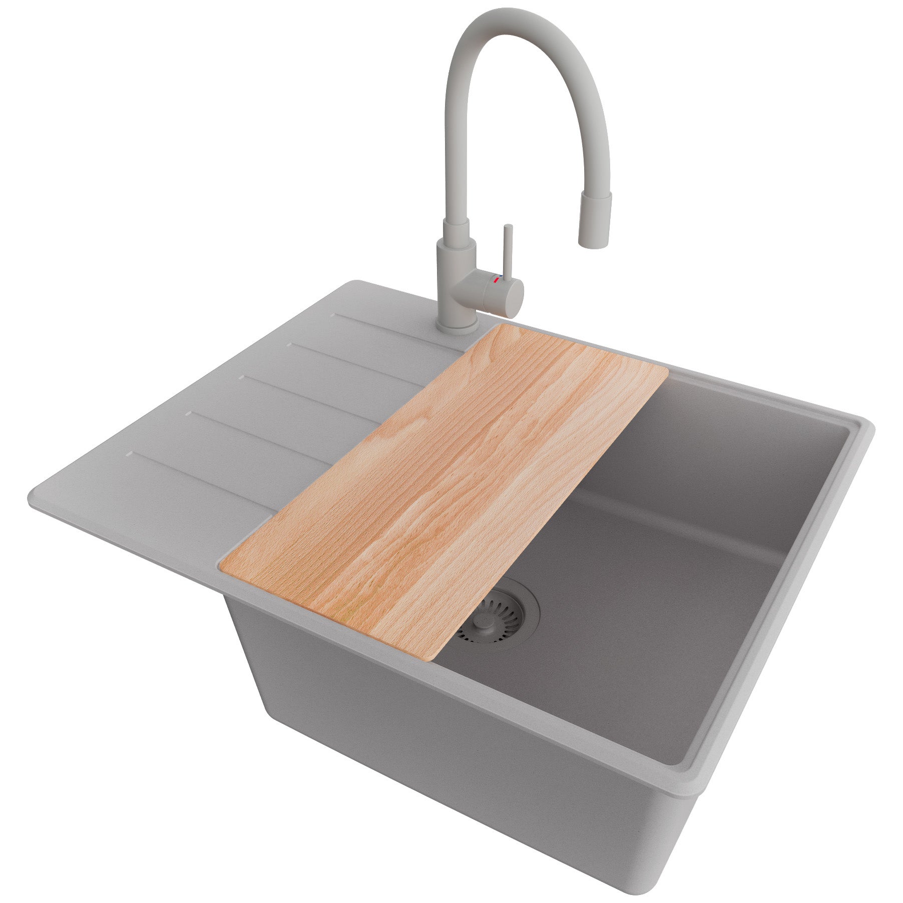 Zlewozmywak Granitowy Szary 62x50cm, Zlew Kuchenny 1 Komorowy + Bateria 38x14cm + Syfon + Deska, Nablatowy do szafki od 50cm - Kopenhaga PRIMAGRAN