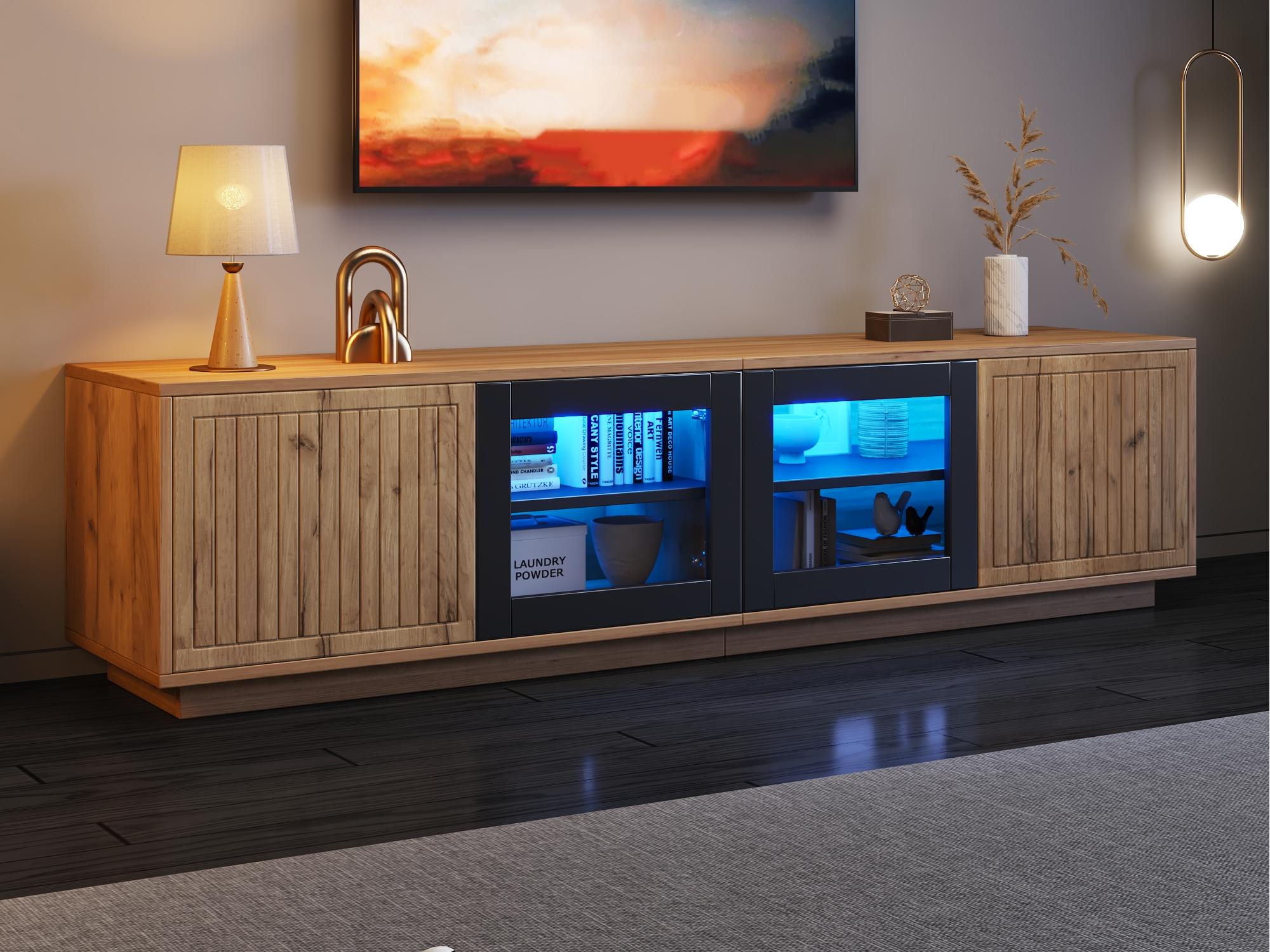 Stolik pod TV 180x40x45 cm - z oświetleniem LED - 4 drzwi - Panel szklany - Płyta wiórowa - Kolor naturalny + czarny