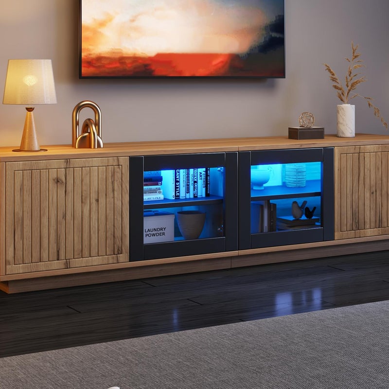 Stolik pod TV 180x40x45 cm - z oświetleniem LED - 4 drzwi - Panel szklany - Płyta wiórowa - Kolor naturalny + czarny
