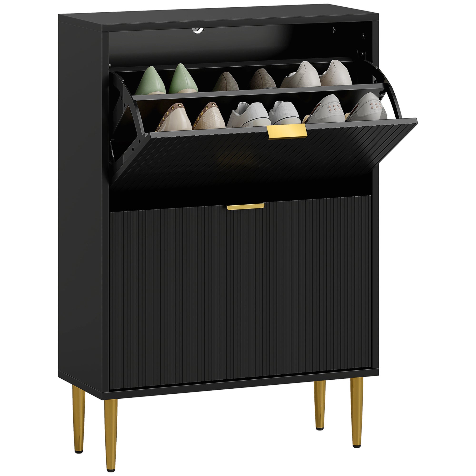12-para szafka na buty z 2 Drop-dół szuflady, Fluted drzwi i regul. półki, 60x24x91.5cm, czarny