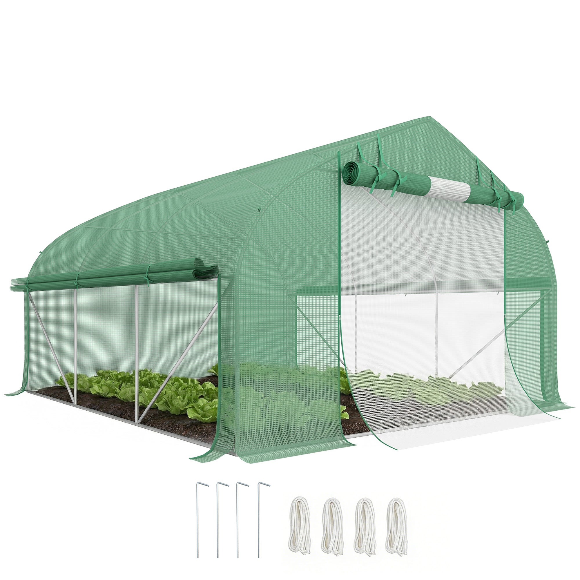 ogrógł. szklarnia tunelowa 10.4 m², UV ogrógł. szklarnia, zwijany zamek błyskawiczny drzwi, 350 x 300 x 200 cm okna z siatki, zielony