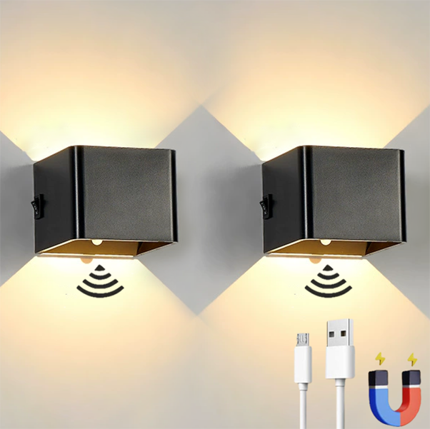 Zestaw 2 ładowalnych kinkietów LED z czujnikiem ruchu, magnetyczna lampa ścienna bezprzewodowa, 2 tryby oświetlenia, czarna