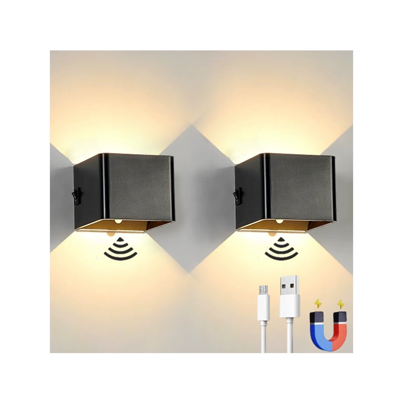 Zestaw 2 ładowalnych kinkietów LED z czujnikiem ruchu, magnetyczna lampa ścienna bezprzewodowa, 2 tryby oświetlenia, czarna