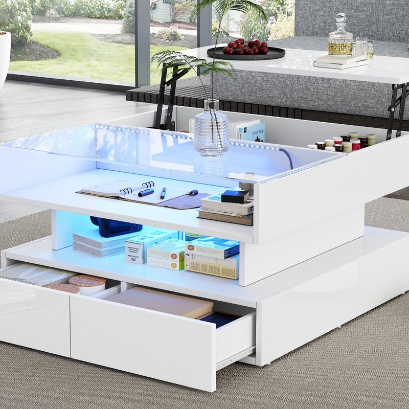 Podnoszony stolik kawowy 80 x 80 x 45 cm – 2 szuflady – z oświetleniem LED – połysk – szkło hartowane – kolor biały