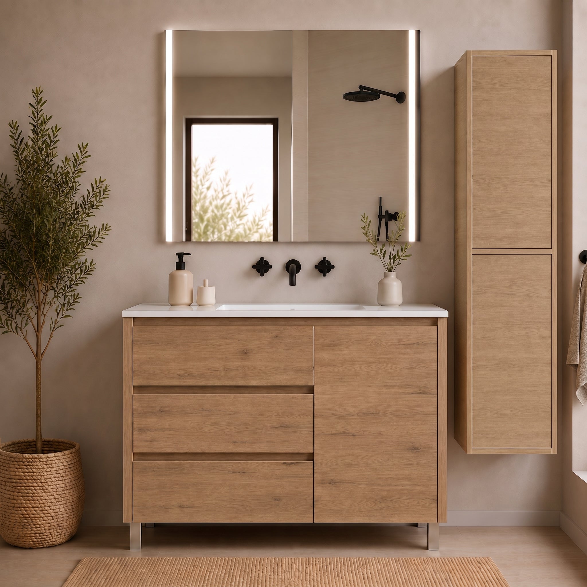 Szafka łazienkowa z 3 szufladami, drzwiami i umywalką ORIGENBATH VOLUM bez lustra 100x45 cm estepa z kolumną