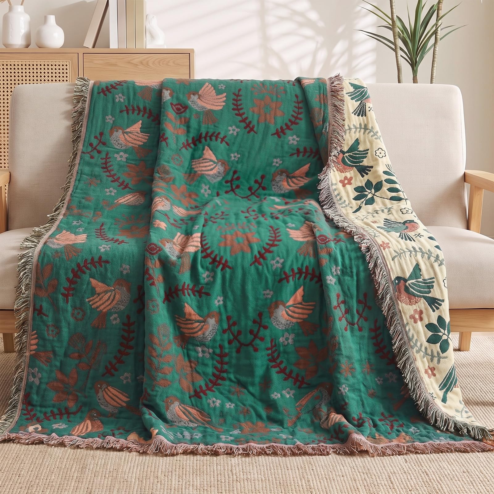 Koc Boho 200 × 230 cm, Miękka Bawełna Zielony Kwiat i Ptak, Do Salonu, Sypialni i Sofy, 1 Sztuka