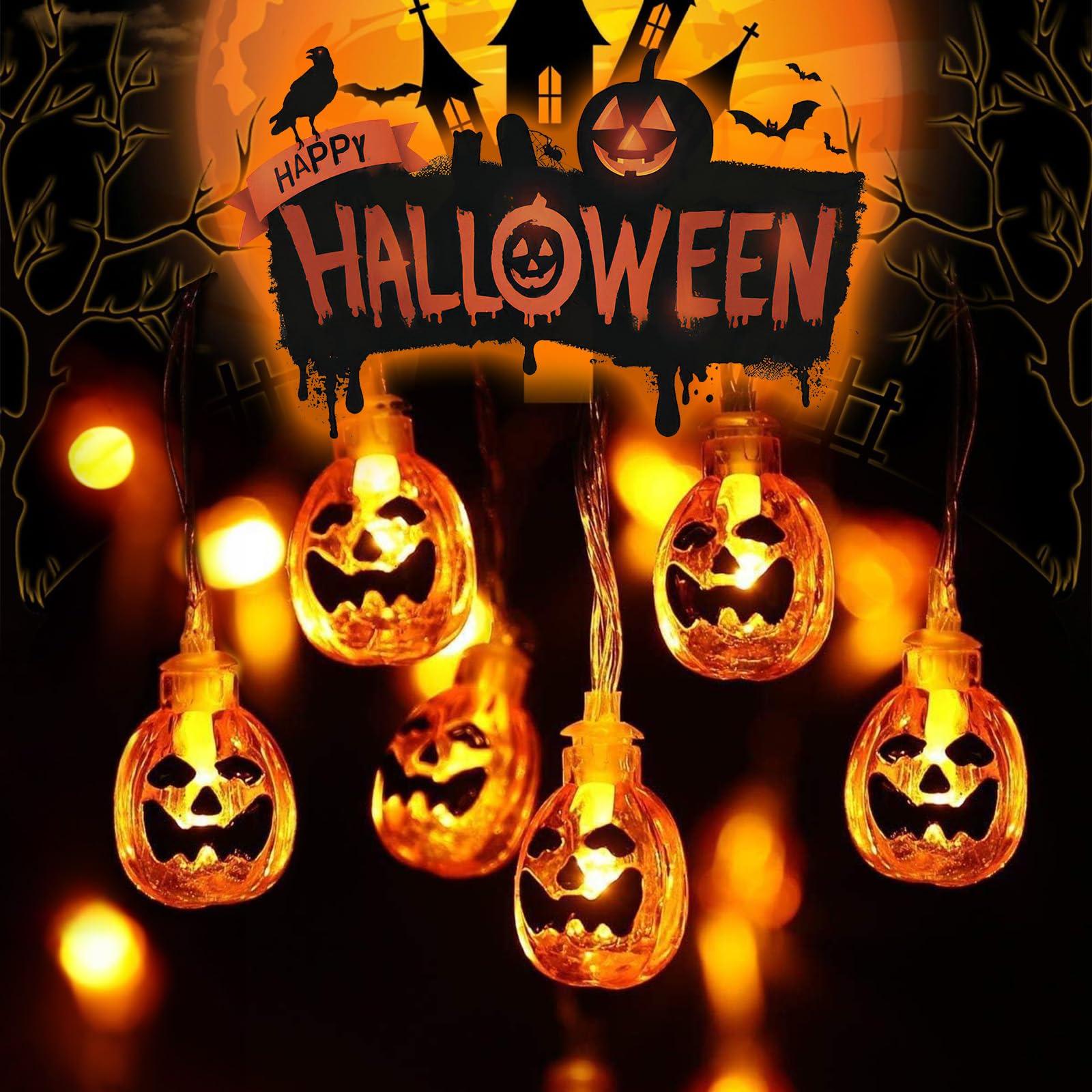 Girlanda świetlna z dyni na Halloween, 3m 20 LED, lampki Halloween, dekoracje na imprezę halloweenową