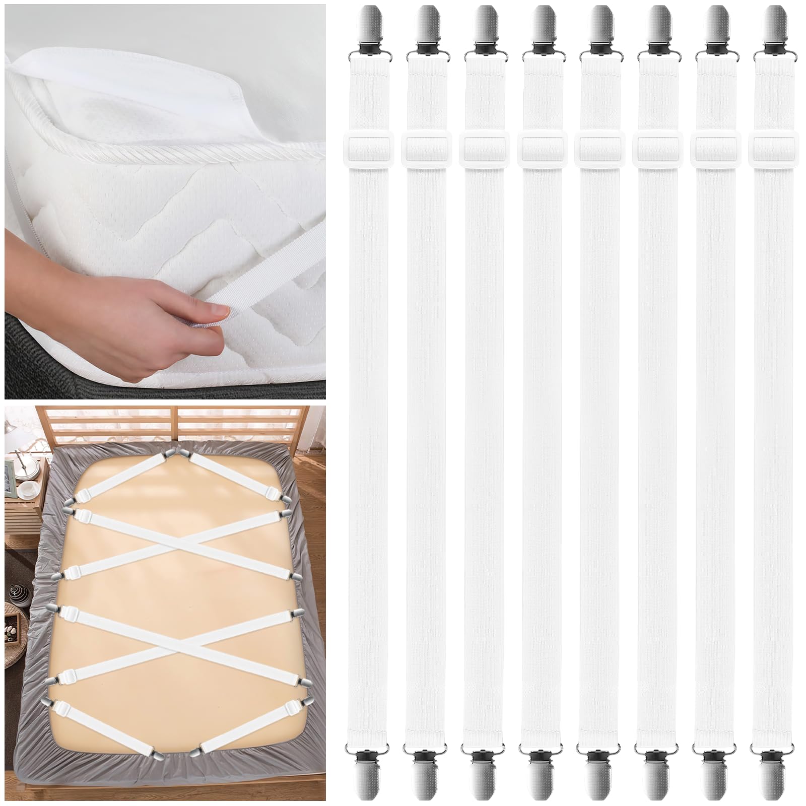 Zestaw 8 sztuk gumek do prześcieradła z gumką, ściągacze do prześcieradła, (35-130 cm) regulowane ściągacze do prześcieradła, do łóżka lub narożnika