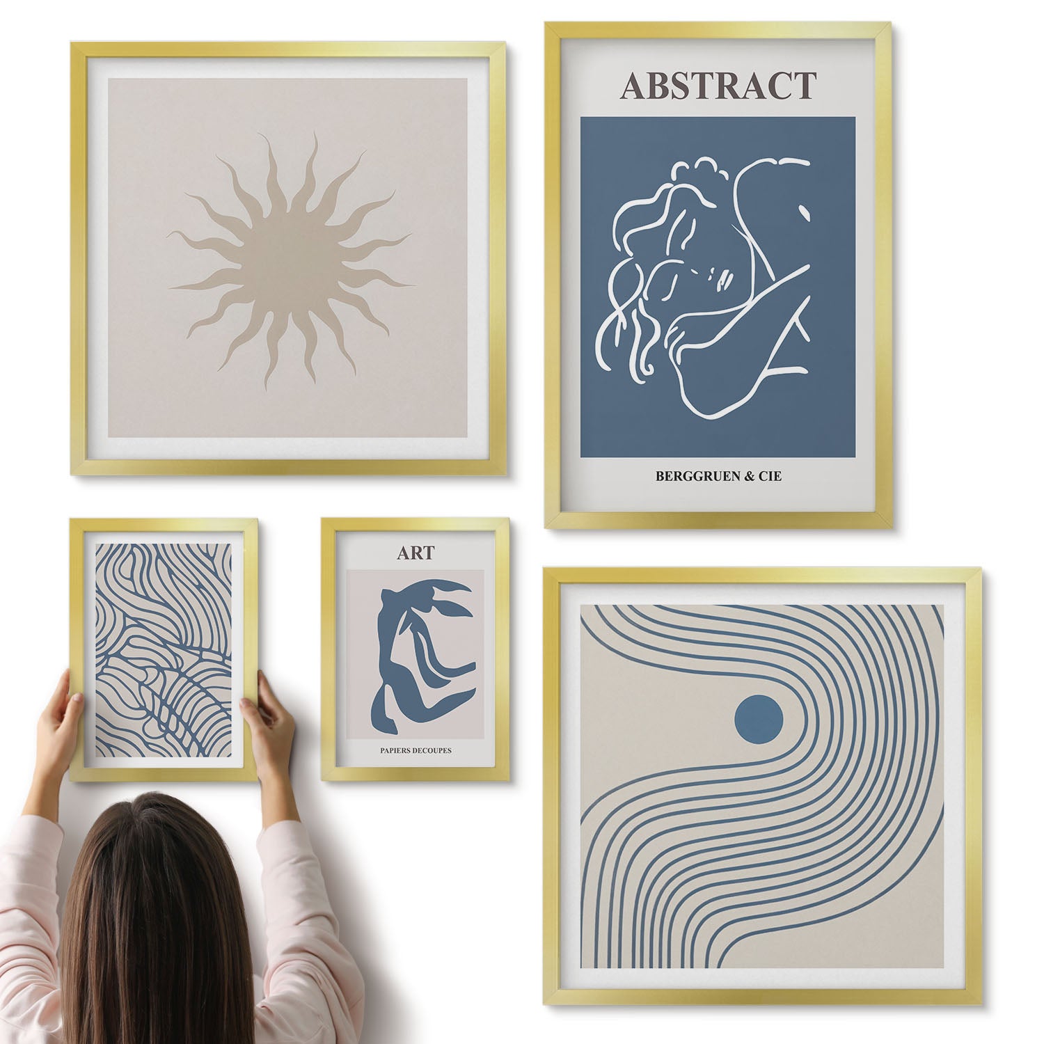 Galeria ścienna 5-częściowy komplet obrazów w złotych ramach - Stylowe abstrakcje z geometrycznymi kształtami i liniami - ArtPrintCave