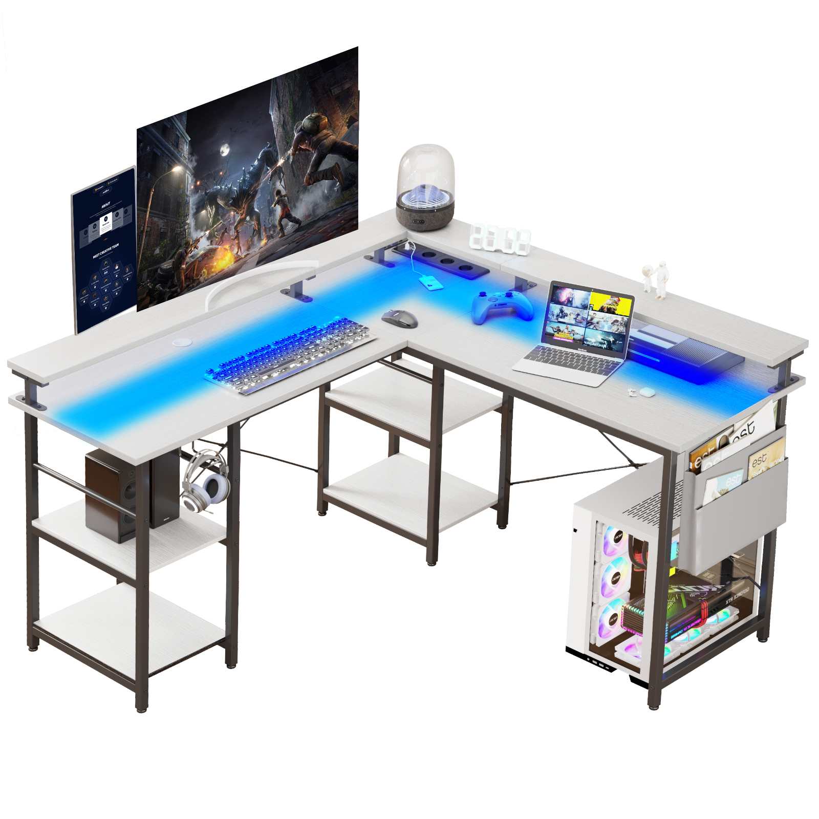 Biurko gamingowe w kształcie litery L z oświetleniem LED i gniazdkami – 140x140 cm, odwracalne, z regulowanymi półkami i podstawą pod monitor.