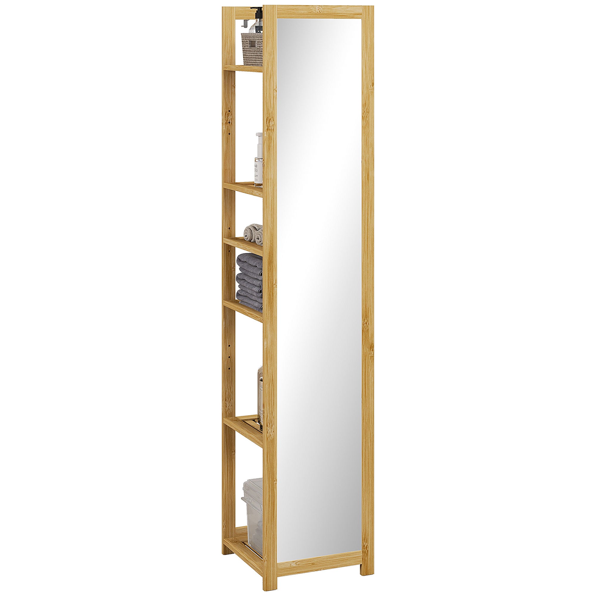 Szafka łazienkowa kolumnowa z bambusa, 6 poziomów, z lustrem, 6 półek, kolor naturalny, 35 szer. x 35 gł. x 168 wys. cm