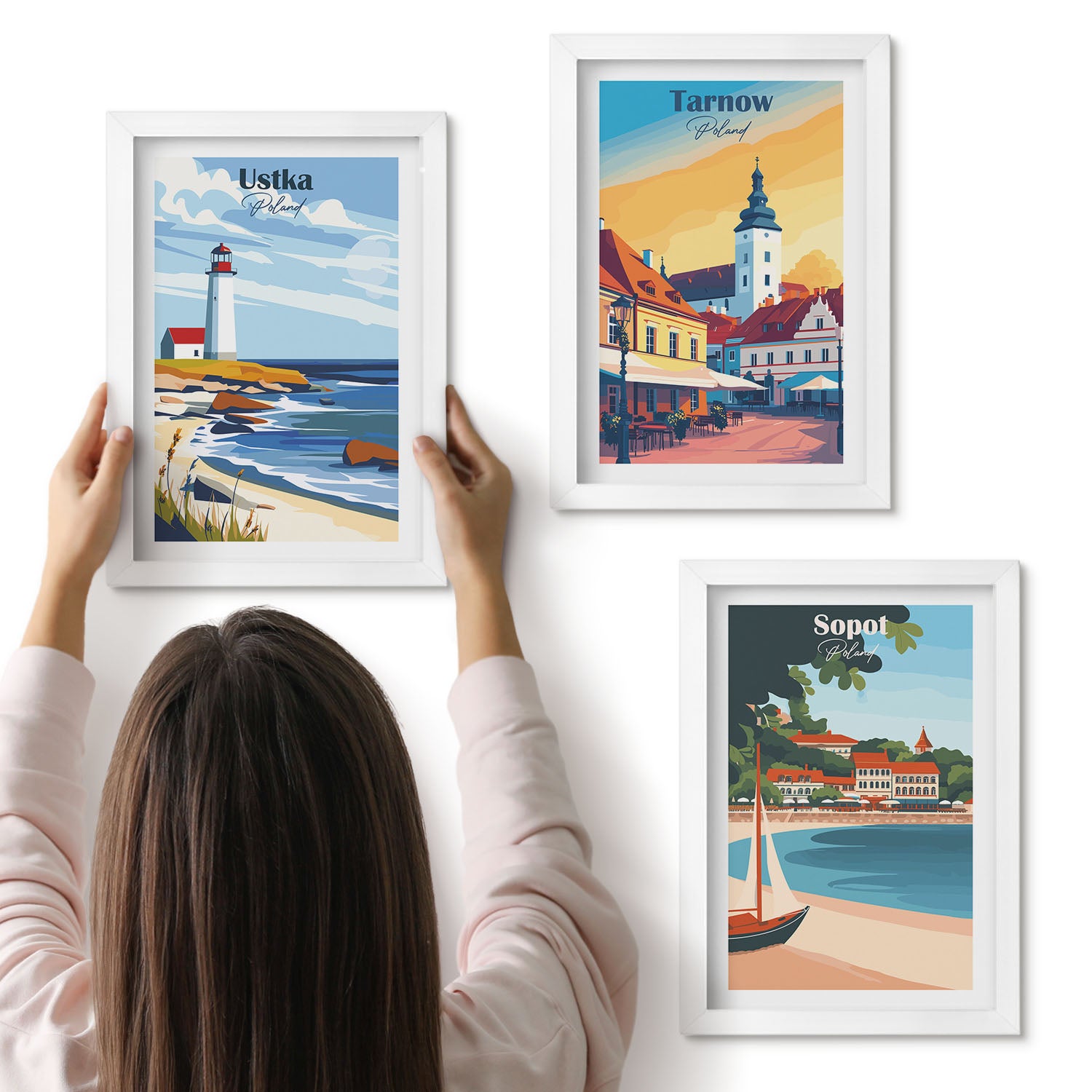 Galeria ścienna 3-częściowy komplet obrazów w białych ramach - Widoki miast Polski Ustka Tarnów Sopot - ArtPrintCave