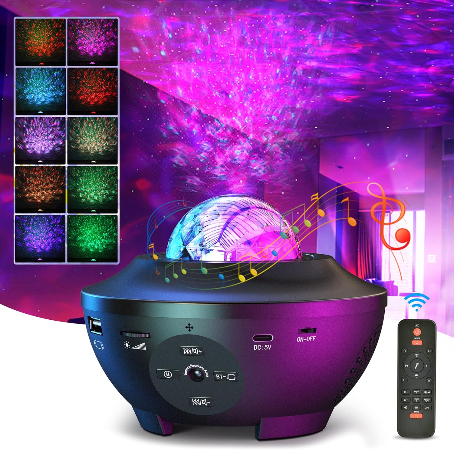 Projektor świetlny Galaxy, projektor fal oceanicznych, lampka nocna LED z pilotem, zmiana koloru, muzyka, głośnik Bluetooth