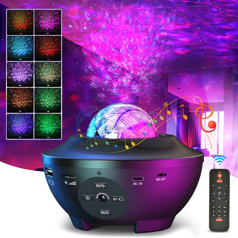 Projektor świetlny Galaxy, projektor fal oceanicznych, lampka nocna LED z pilotem, zmiana koloru, muzyka, głośnik Bluetooth