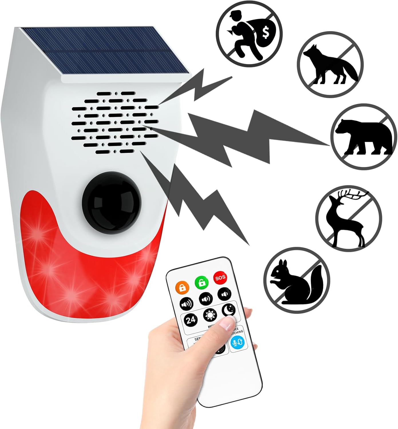 Alarm z czujnikiem ruchu zasilany energią słoneczną, z możliwością dostosowania funkcji pobierania głosu - 120 dB, sterowanie zdalne.