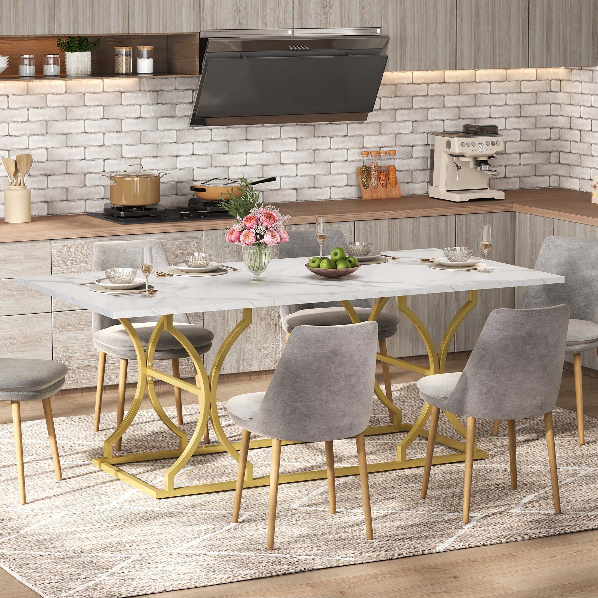 Stół jadalniany 200x80x76 cm - nowoczesny design wygląd marmuru - mieści 8-10 osób - nogi metalowe - MDF - Naturalny