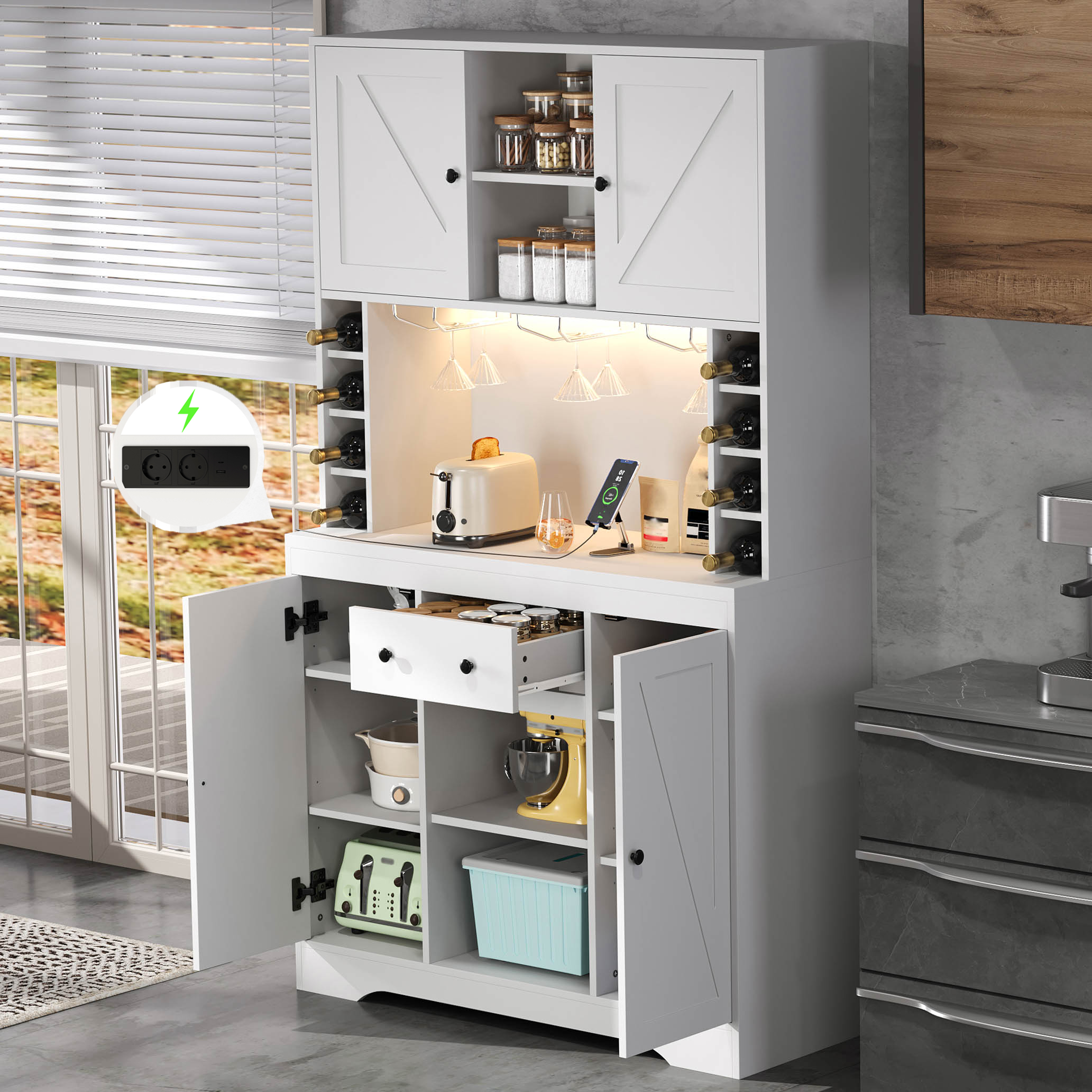 Kredens kuchenny z 4 drzwiami, 1 szufladą i regałem na wino - 180 x 105 x 40 cm - Diody LED i gniazdka elektryczne - Płyta MDF - Biały