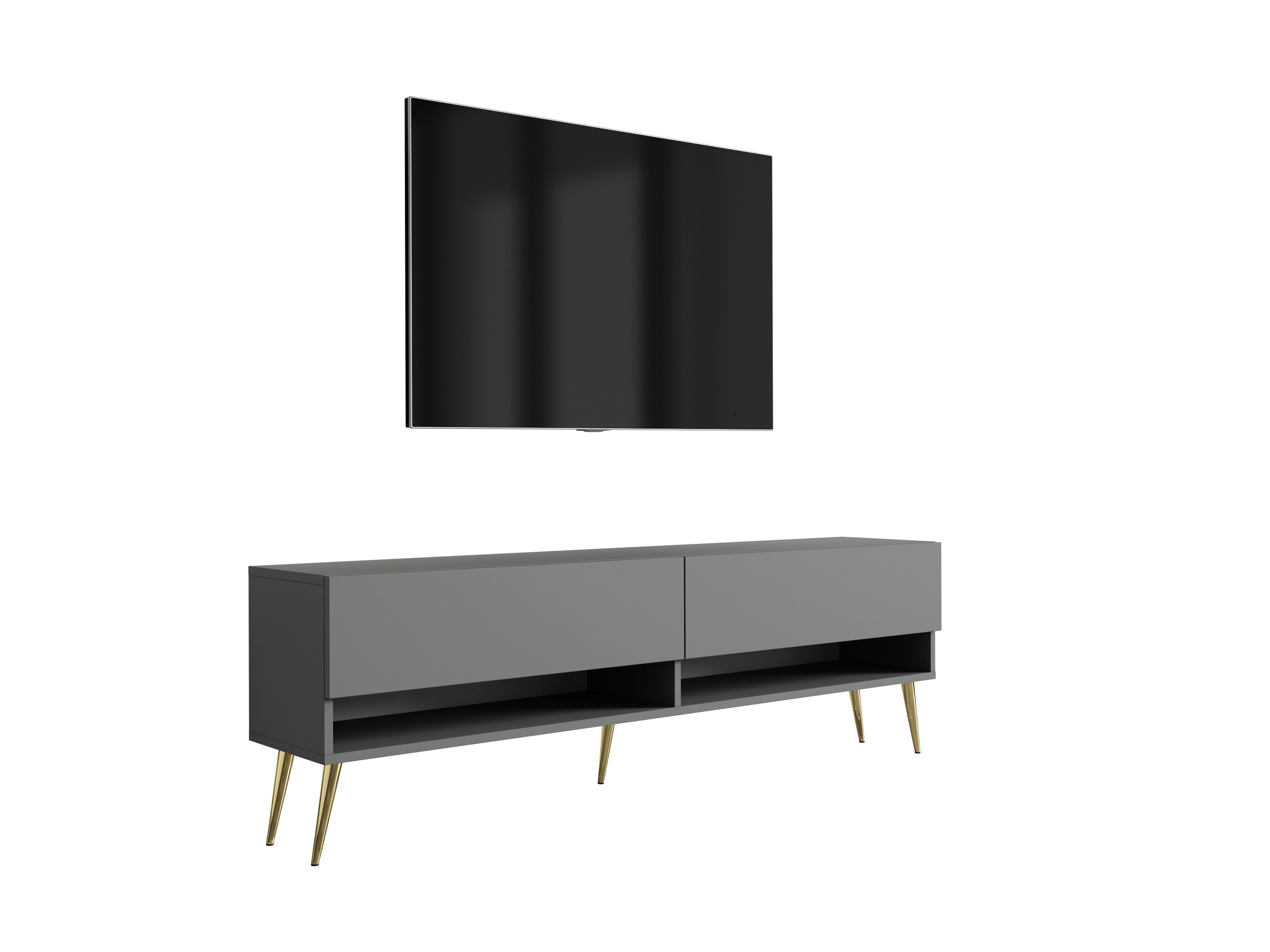 Szafka pod telewizor 170 cm Antracyt, nóżki pochyłe złote, 170 × 32 × 52 cm