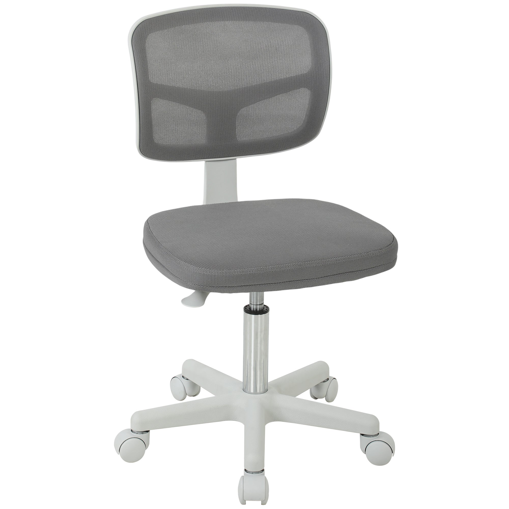 Ergonomiczny fotel biurowy bez podłokietników, obrotowy fotel biurowy, zakrzywione oparcie z siatki i kółka, szary
