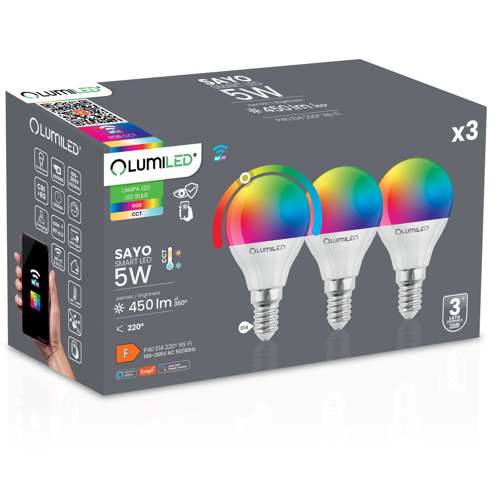 Żarówka LED Lumiled E14 P40 5 W 450 lm RGB CCT Ściemnialna Inteligentna Tuya WiFi Smart 3 szt.
