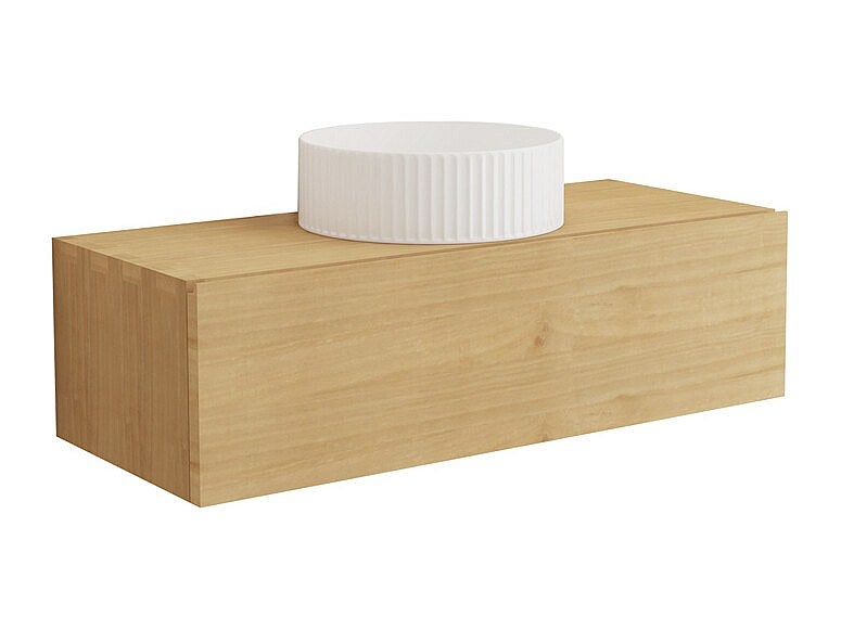 Wisząca szafka łazienkowa z drewna mindi z ceramiczną, żłobioną umywalką nablatową - 95 cm - TIDORE