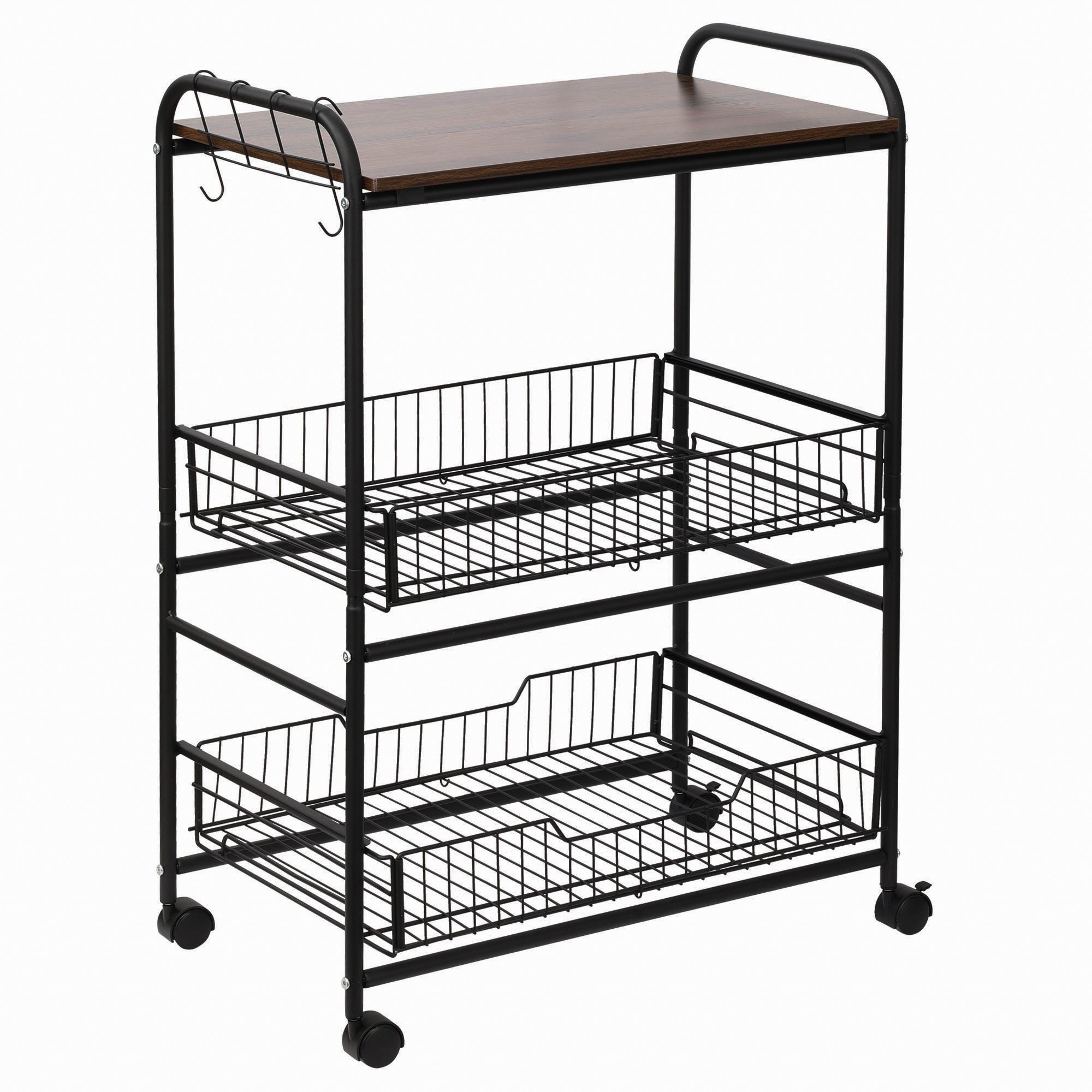 Wózek kuchenny w stylu industrialnym z 4 kółkami, 2 koszami i 4 haczykami, 60 x 38 x 85,5 cm, brązowo-czarny