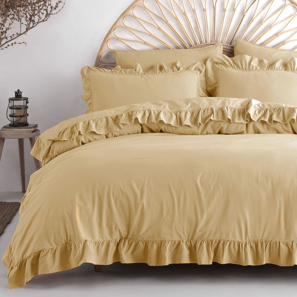 Pościel bawełniana z falbanką 220x200 Stonewashed Exclusive, Soybean, kremowa - Limasso