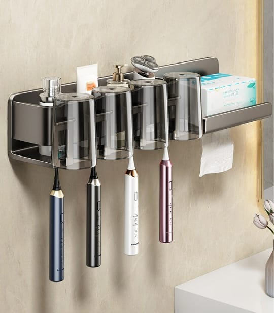 Uchwyt na szczoteczkę do zębów bez wiertarki – Wielofunkcyjny uchwyt ścienny na szczoteczkę do zębów z kubkiem – Aluminium – Ciemnoszary – z kubkiem
