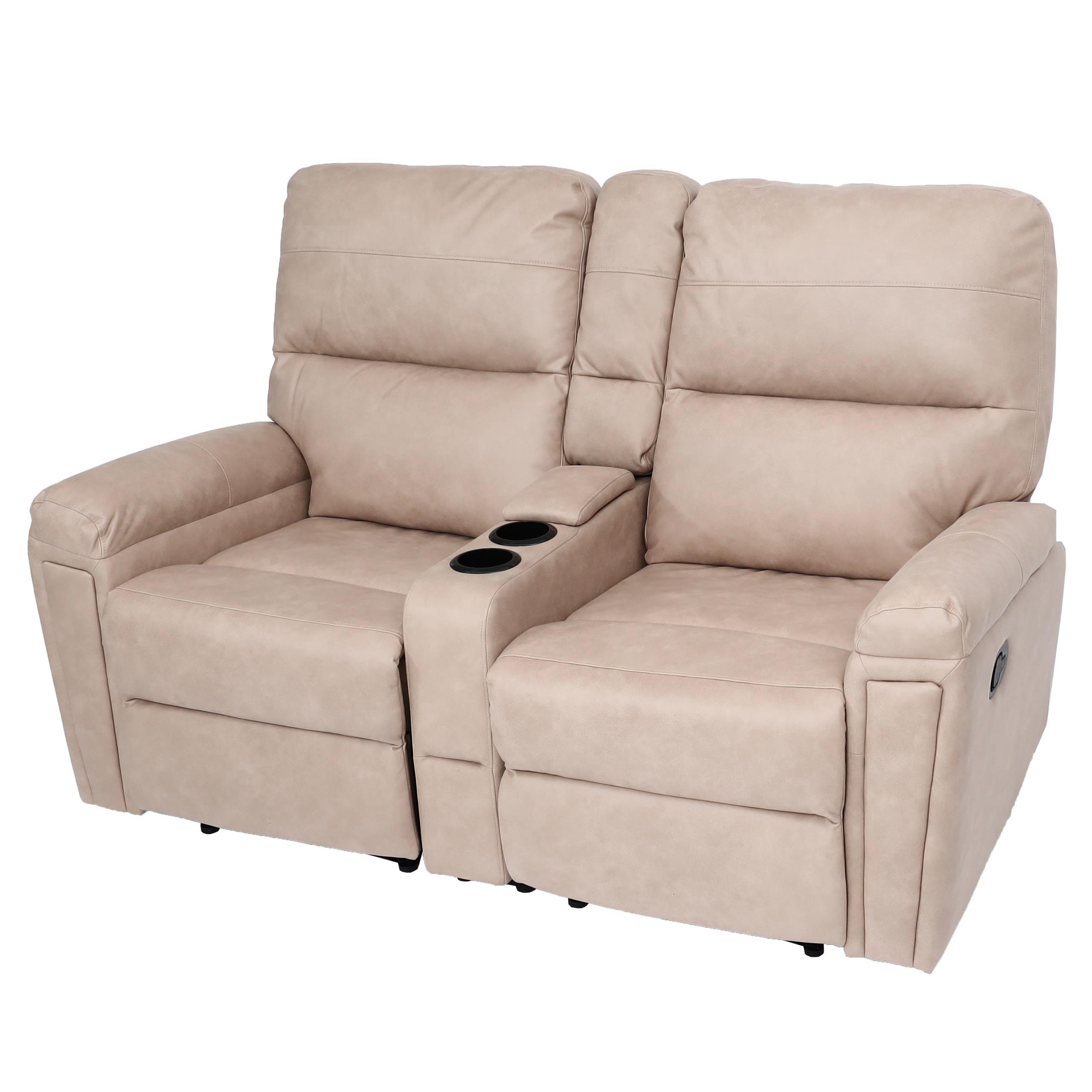 2-osobowy fotel kinowy HWC-K17, fotel rozkładany fotel telewizyjny sofa, zawieszenie nosa schowek na kubek ~ tkanina/tekstylia beżowy