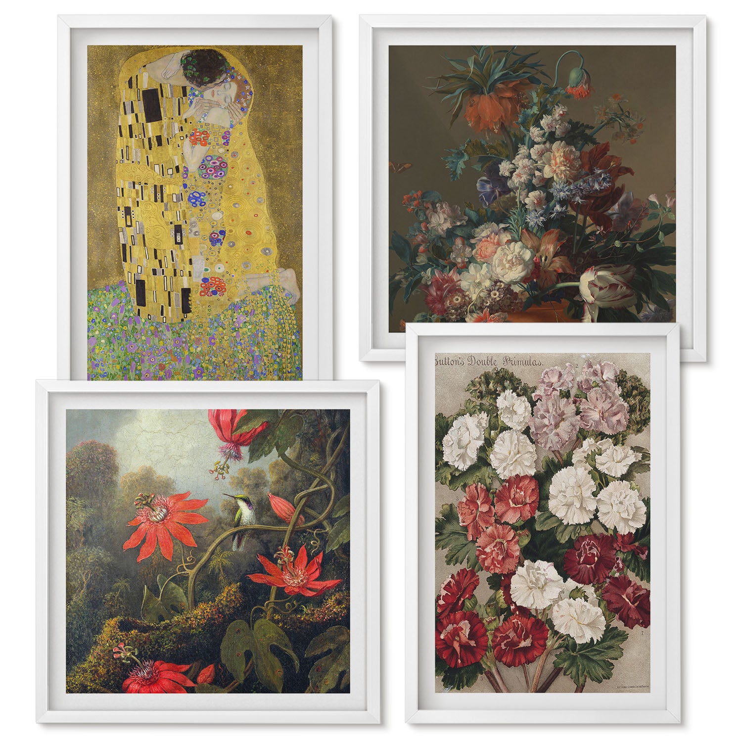Zestaw obrazów w ramie - 4 części | Kwiaty i drzewa w stylu malarskim Pocałunek Gustav Klimt | Biała ramka