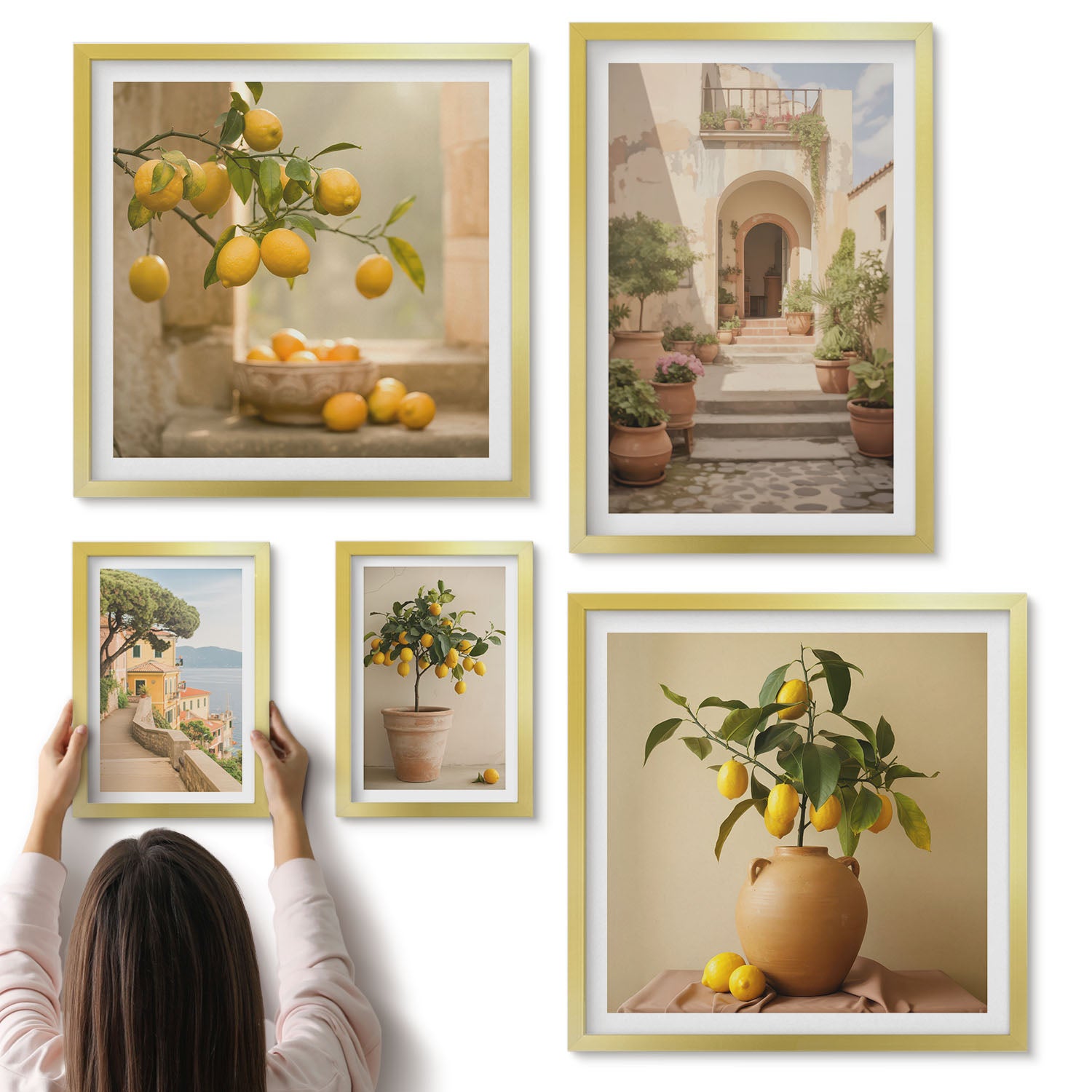 Galeria ścienna 5-częściowy komplet obrazów w złotych ramach - Stylowe dekoracje z cytrusami w rustykalnym otoczeniu - ArtPrintCave