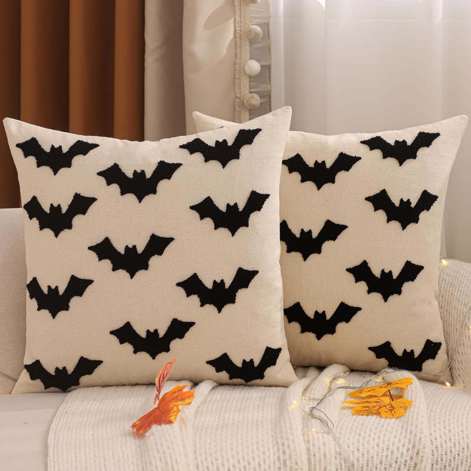 (2 sztuki) Poszewka na poduszkę Halloween 45 x 45 cm pikowana lniana poszewka na poduszkę z motywem nietoperza do sofy, salonu, ogrodu, domu, na zewn
