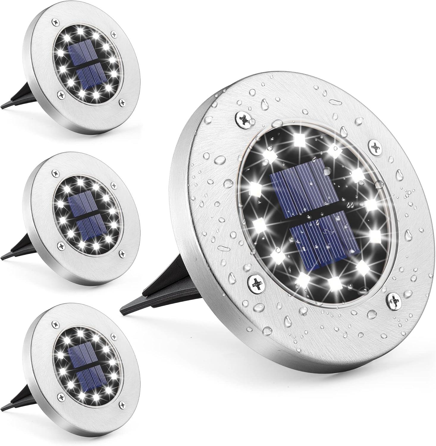 12 lamp solarnych LED do użytku zewnętrznego, zestaw 4 sztuk, białe, wodoodporne lampy solarne do użytku ogrodowego ze stali nierdzewnej