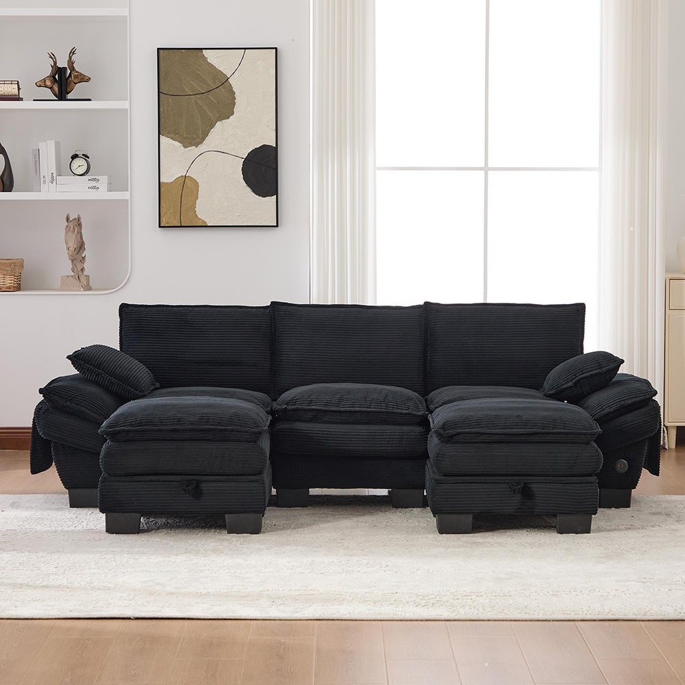 3-osobowa sofa z aksamitu w prążki, z dwoma podnóżkami, pianką o wysokiej gęstości, portem USB-C i kieszeniami bocznymi, czarna
