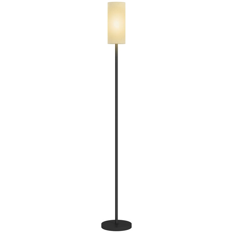 Lampa podłogowa, klosz z imitacji lnu, metalowy słupek, przełącznik nożny, biała