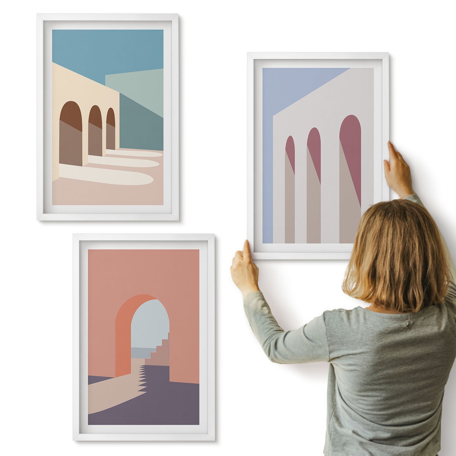Galeria ścienna 3-częściowy komplet obrazów w białych ramach - Pastelowe minimalistyczne grafiki architektury miejskiej - ArtPrintCave
