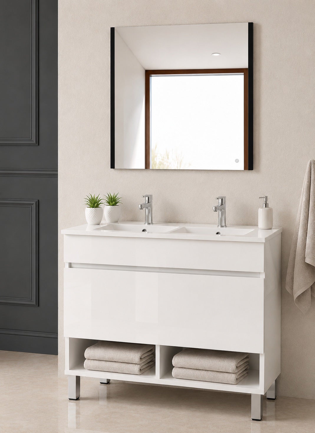 Szafka łazienkowa na nóżkach z umywalką ORIGENBATH NEBARI na nóżkach z szufladą 120x45 cm podwójna umywalka biały