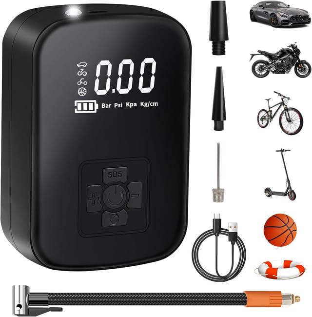 Przenośna sprężarka powietrza, mini elektryczna pompka powietrza 150 PSI, elektryczna pompka rowerowa z cyfrowym wyświetlaczem LCD do motocykli, samoc