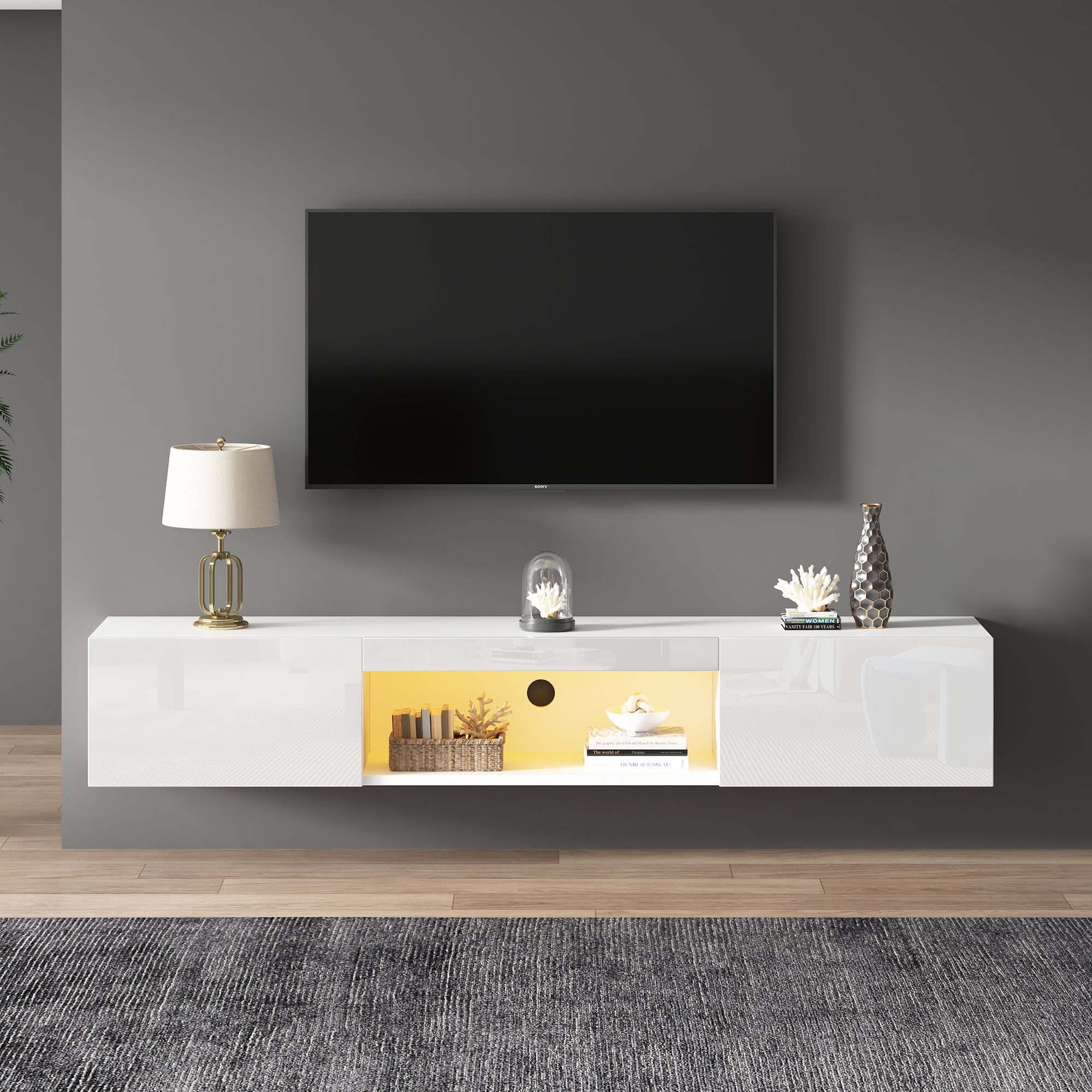 160*31*22cm weißer Hochglanz-Hängeschrank für 70-Zoll-TV, 30kg Tragfähigkeit, mit LED-Beleuchtung, Bluetooth-APP-Steuerung,Wandmontierter TV-Ständer
