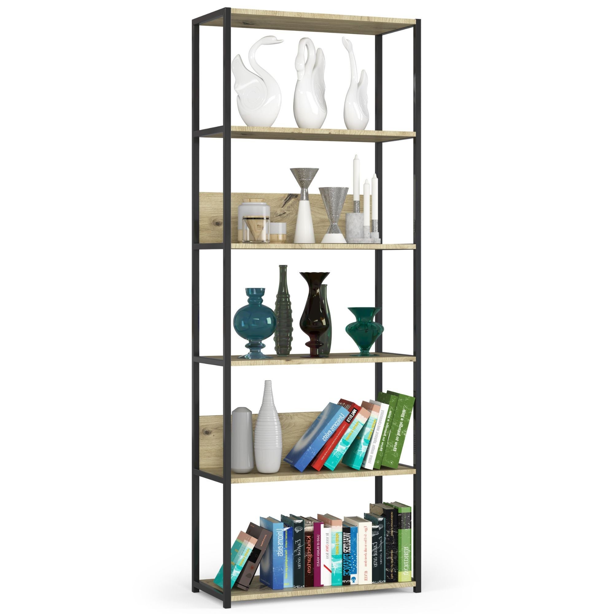 Regał loft AKORD metalowy Czarny 70 cm kolor Dąb Artisan mat 6 półek 70x32x192 cm