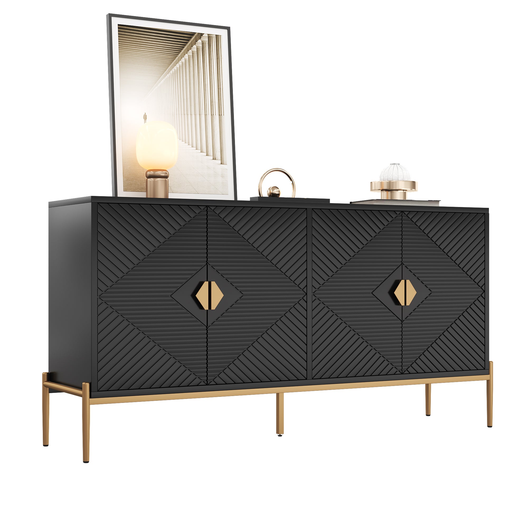 Komoda z 4 drzwiami - 162 x 40 x 80 cm - MDF, płyta wiórowa, nogi metalowe w kolorze złotym - czarna