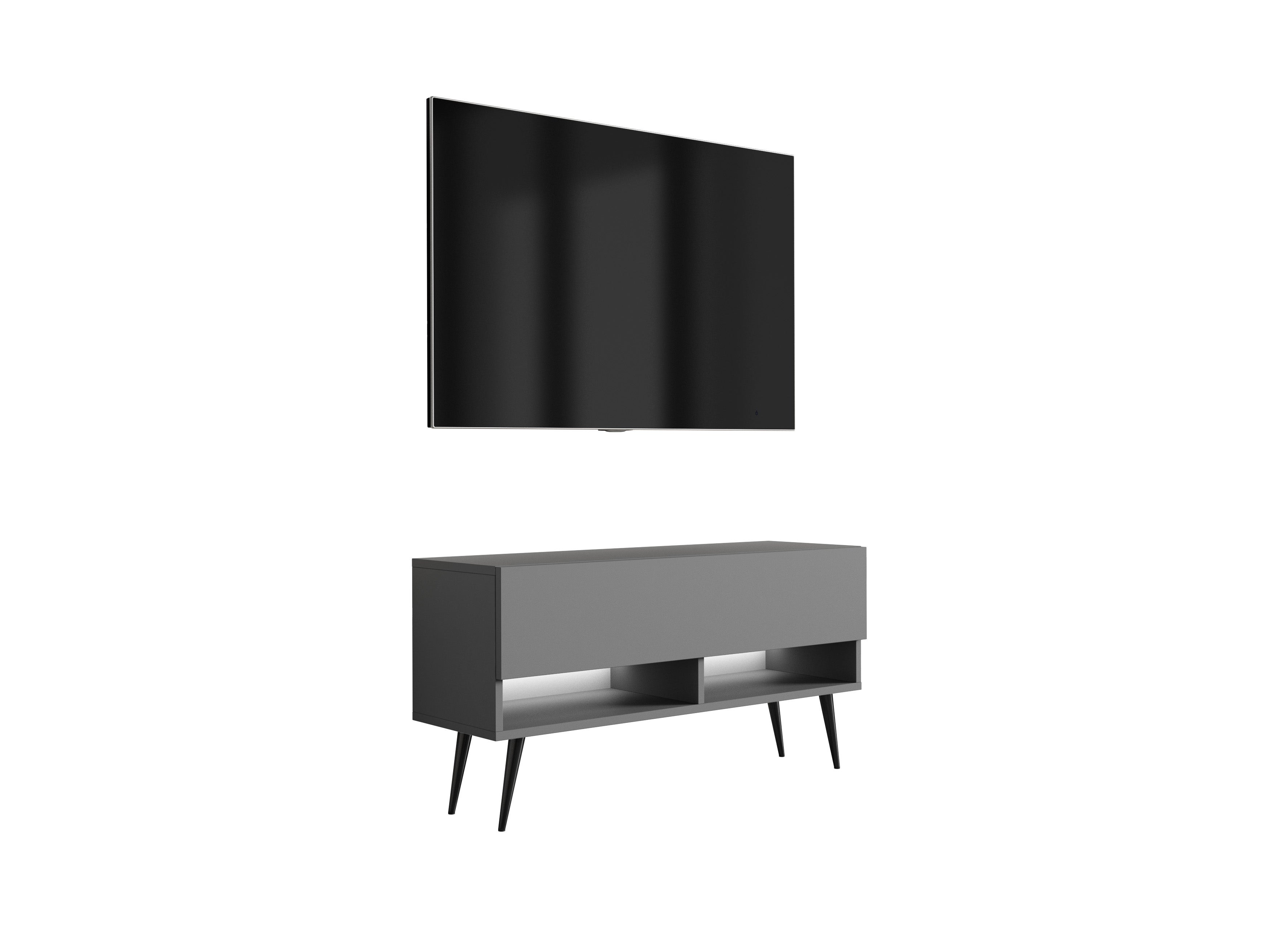 Szafka pod telewizor 100 cm Antracyt, nóżki pochyłe czarne, LED biały, 100 × 32 × 52 cm