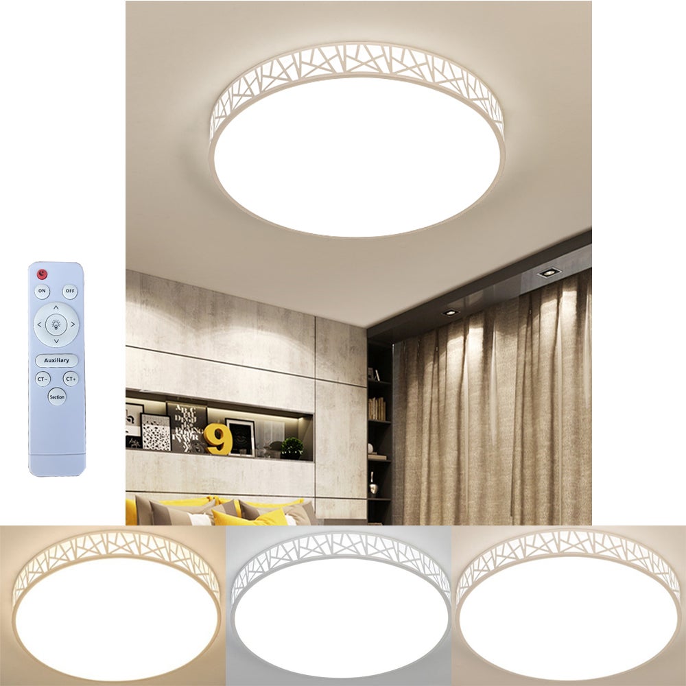 Okrągła lampa sufitowa LED 40 cm z pilotem, akrylowy klosz, geometryczny kształt, odpowiednia do sypialni, przedpokoju, ciągłe ściemnianie